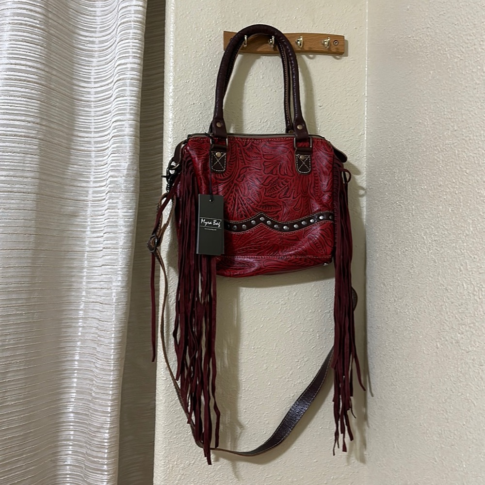 NWT Myra Conceal Carry Crossbody Saychel Red tooled leather with fringe